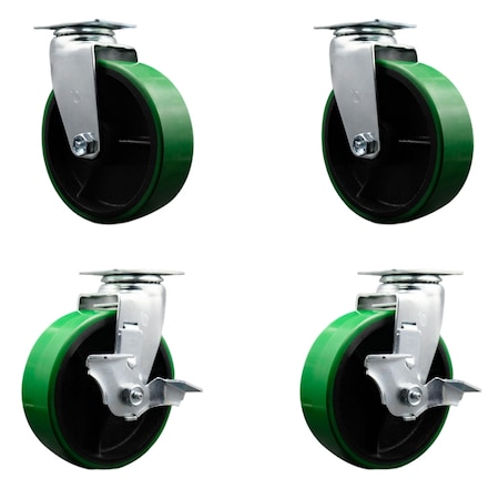 Service Caster 6 Inch Green Poly on Cast Iron Swivel Caster Set with Roller Bearings 2 Brakes SCC-20S620-PUR-GB-2-TLB-2